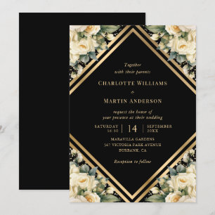 Invitation Floral Ivoire Noir Confetti Mariage géométrique