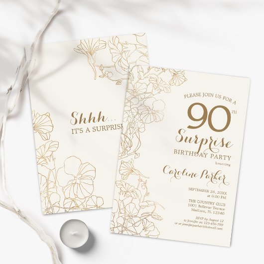 Invitation Floral Ivory Gold Surprise 90e fête d'anniversaire