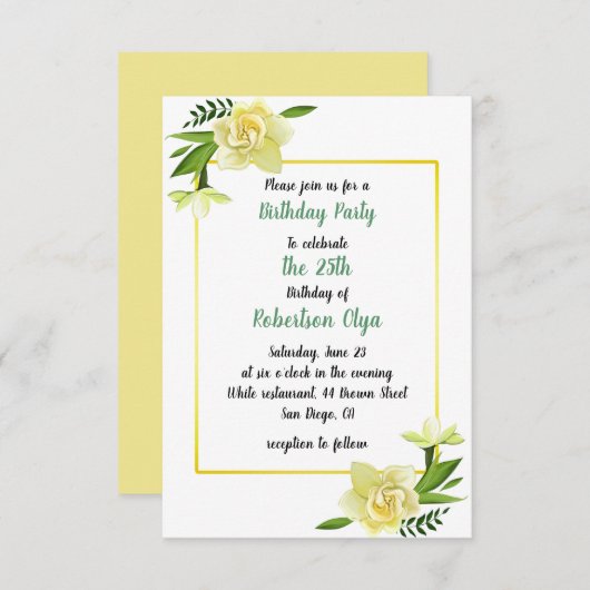 Invitation Floral Jaune Anniversaire (Devant / Derrière)