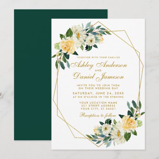 Invitation Floral Jaune Chasseur d'or Vert Mariage géométriqu (Devant / Derrière)