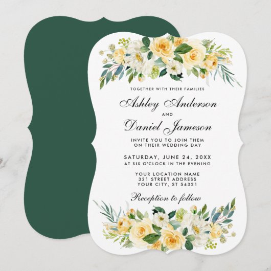 Invitation Floral Jaune Or Vert Mariage blanc (Devant / Derrière)