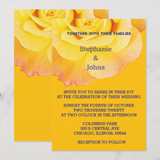 Invitation Floral Jaune Orange Rose Marine Blue Boho Mariage (Devant / Derrière)