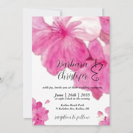 Invitation Floral, joli hibiscus fuchsia Mariage (Devant)