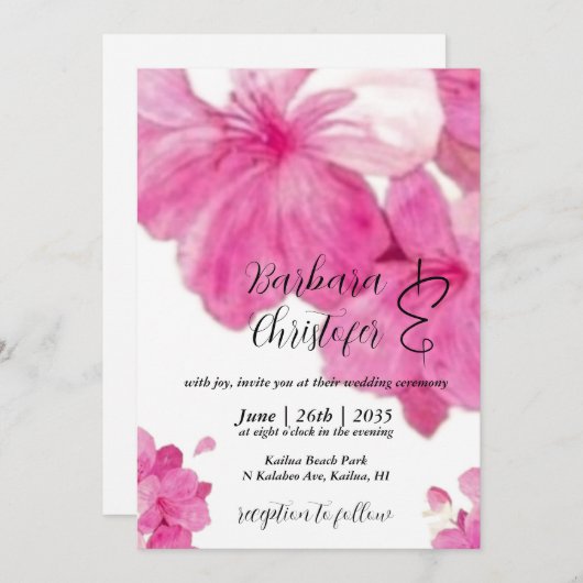 Invitation Floral, joli hibiscus fuchsia Mariage (Devant / Derrière)