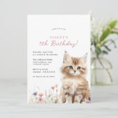 Invitation Floral Kitten Cute Chat Thème Fille d'anniversaire (Debout devant)