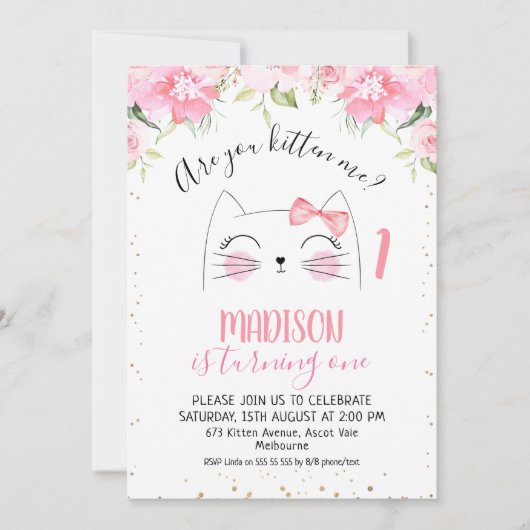 Invitation Floral Kitten Visage Are Your Kitte me Anniversair (Devant)