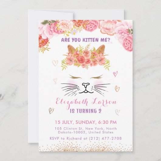 Invitation Floral Kitty Anniversaire Enfants mignonne Golden  (Devant)