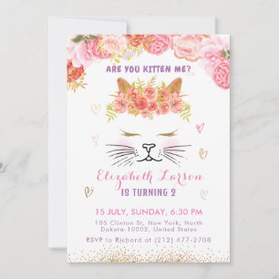 Invitation Floral Kitty Anniversaire Enfants mignonne Golden 