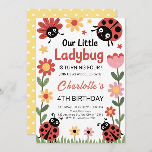 Invitation Floral ladybug birthday (Devant / Derrière)