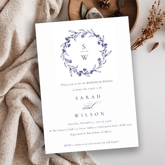 Invitation Floral Laurel Wreath Navy Dîner de répétition bleu