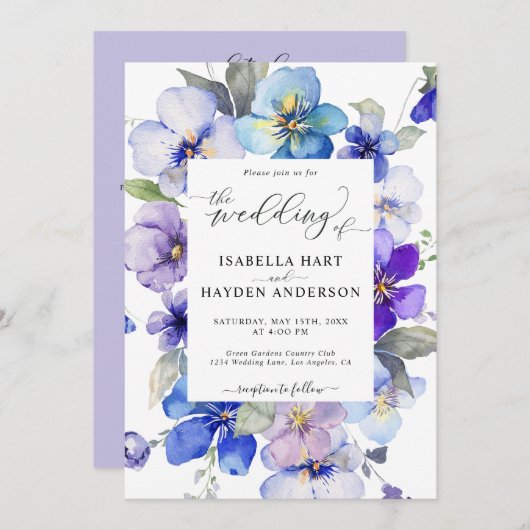 Invitation Floral Lavande Bleue Tout en 1 QR Code Mariage (Devant / Derrière)