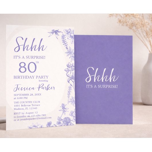 Invitation Floral Lavender Blue  80th Birthday