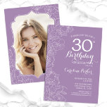 Invitation Floral Lavender Purple Photo 30e fête d'anniversai<br><div class="desc">Lavande fleurie violet 30e invitation à la fête d'anniversaire avec votre photo au dos de la carte. Design moderne élégant avec accents de dessin botanique et police de script de typographie. Carte invitation simple et tendance, parfaite pour une célébration anniversaire élégante. Peut être customisé à n'importe quel âge. Invitations Zazzle...</div>