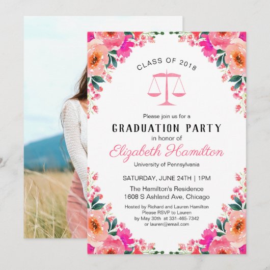Invitation Floral Law School Graduation Party Photo (Devant / Derrière)