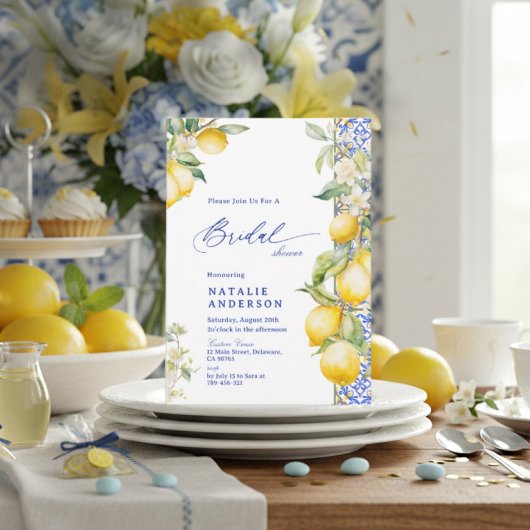 Invitation Floral Lemon Mediterranean Blue Tile Bridal Shower