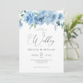 Invitation Floral Light Bébé Bleu QR Code Tout en un Mariage (Debout devant)