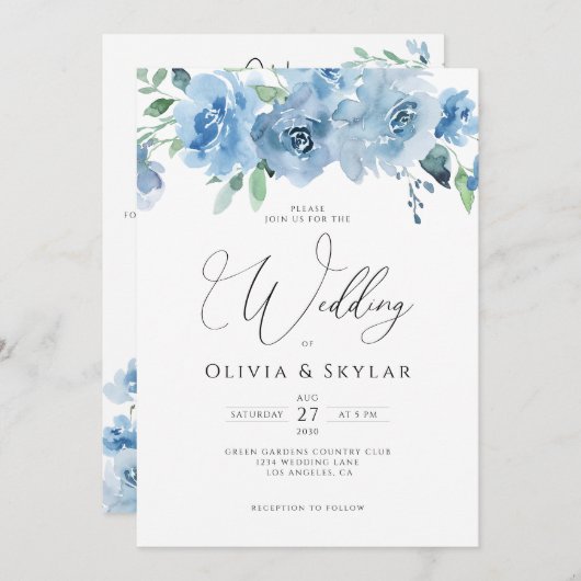 Invitation Floral Light Bébé Bleu QR Code Tout en un Mariage (Devant / Derrière)