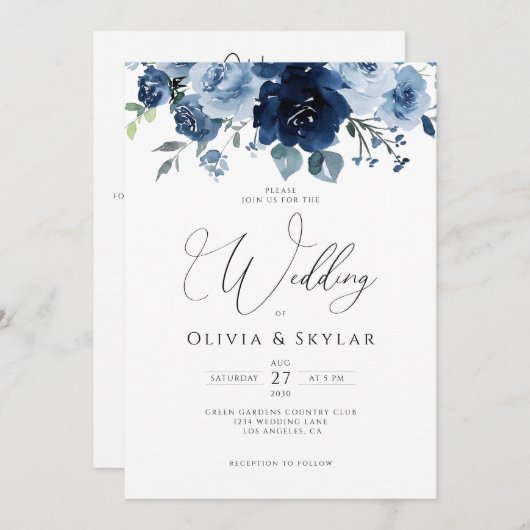 Invitation Floral Light Bébé Bleu QR Code Tout en un Mariage (Devant / Derrière)