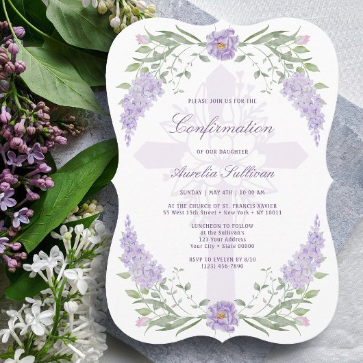 Invitation Floral Lilac Frame Holy Cross Confirmation