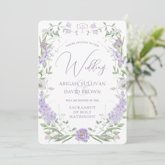 Invitation Floral Lilac Lavender Frame Catholic Wedding (Debout devant)