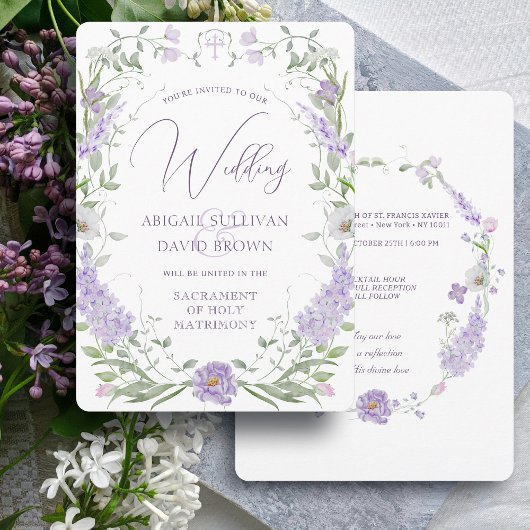 Invitation Floral Lilac Lavender Frame Catholic Wedding