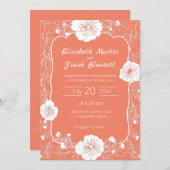 Invitation Floral Line Art Blanc et Mariage Saumon (Devant / Derrière)