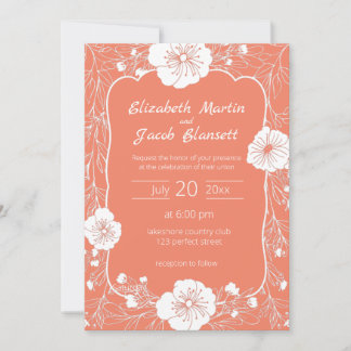 Invitation Floral Line Art Blanc et Mariage Saumon