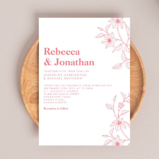 Invitation Floral Line Art Mariage rose