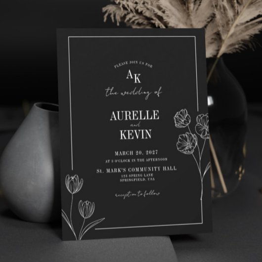 Invitation Floral Line Art Rustic Black Elegant Wedding