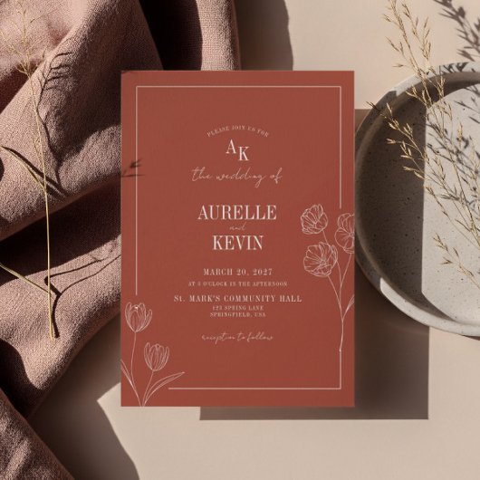 Invitation Floral Line Art Rustic Terracota Elegant Wedding 
