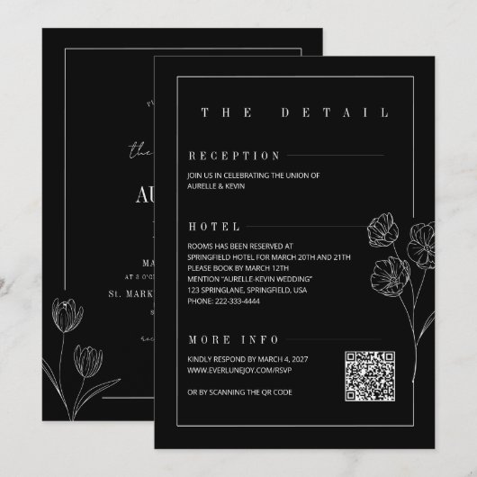 Invitation Floral Line Rustic Black Elegant All in Wedding (Devant / Derrière)