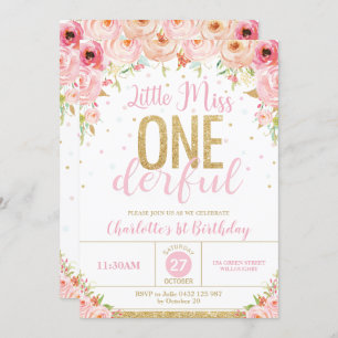 Invitation Floral Little Miss Onederful 1er Anniversaire Or