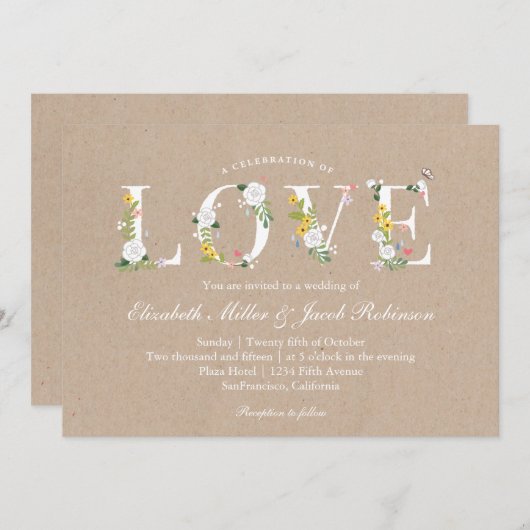 Invitation Floral Love Wedding (Devant / Derrière)