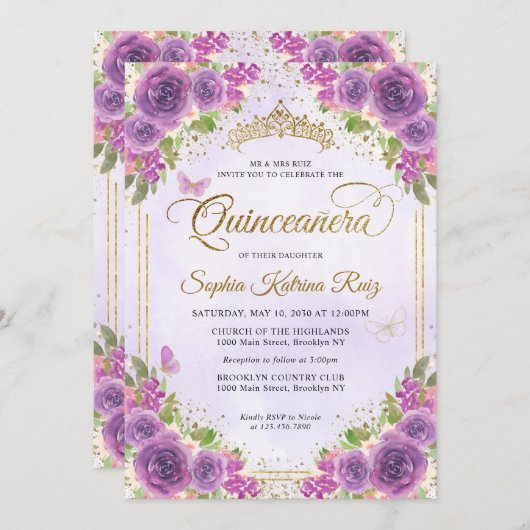 Invitation Floral Lumière violet Parties scintillant or Couro (Devant / Derrière)