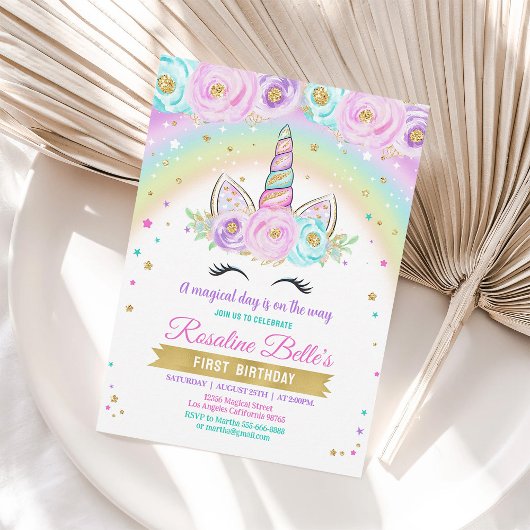 Invitation Floral Magic Arc-en-ciel Unicorn Anniversaire