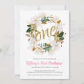 Invitation Floral Magnolia Rose et Or 1er anniversaire (Devant)