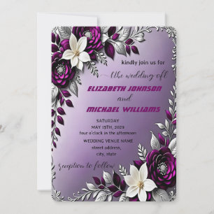 Invitation Floral Mariage d'argent violet profond