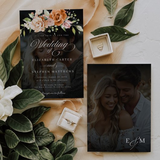 Invitation Floral Mariage photo orange et rose pâle