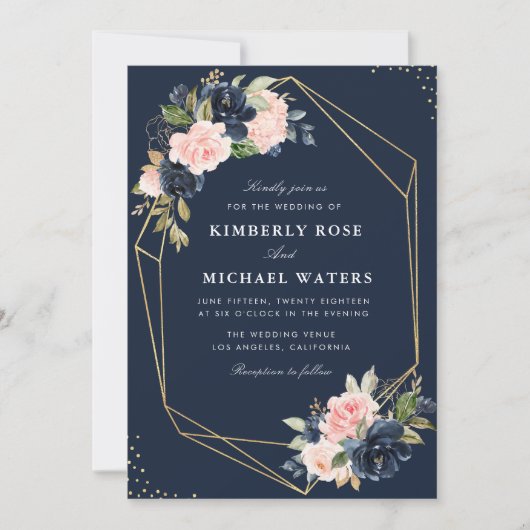 Invitation Floral Marine & bleu aquarelle mariage géométrique (Devant)