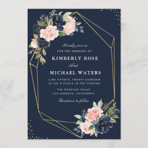 Invitation Floral Marine & bleu aquarelle mariage géométrique