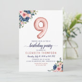Invitation Floral Marine Blush Rose Gold Balloon 9e anniversa (Debout devant)