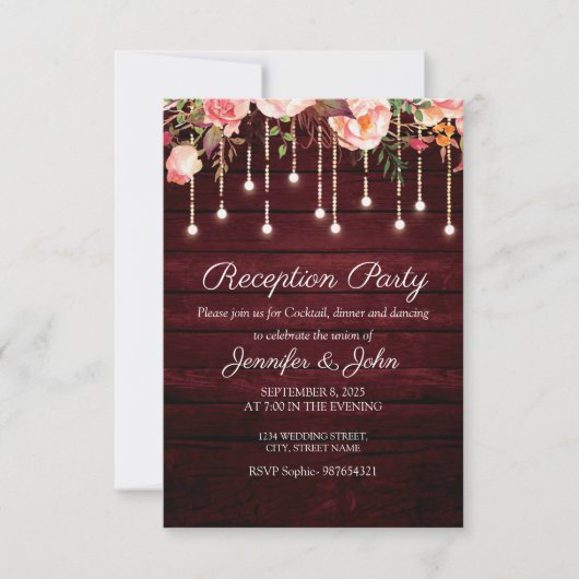 Invitation Floral Maroon Bois Rustique Mariage Réception (Devant)