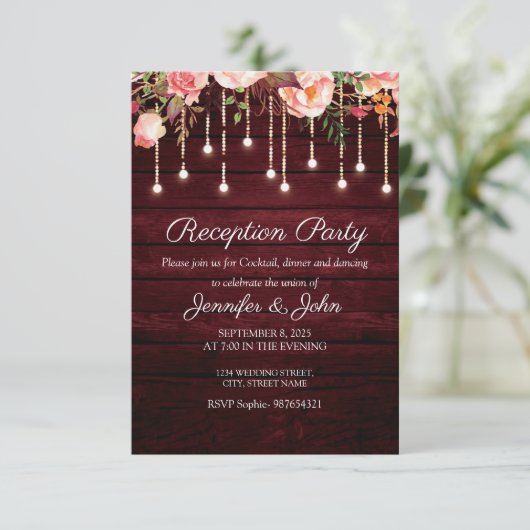 Invitation Floral Maroon Bois Rustique Mariage Réception (Debout devant)
