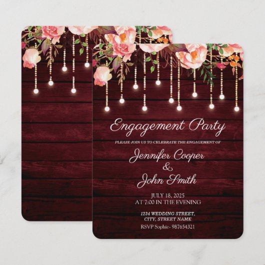 Invitation Floral Maroon Wood Rustic (Devant / Derrière)