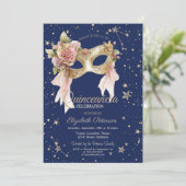 Invitation Floral Masque Stars Navy Blue Quinceañera (Debout devant)