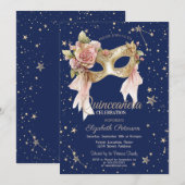 Invitation Floral Masque Stars Navy Blue Quinceañera (Devant / Derrière)