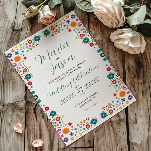 Invitation Floral mexicain esthétique Folk Art coloré Mariage