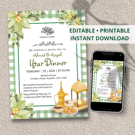 Invitation Floral Mignon Vert Sauge Gingham Ramadan Iftar