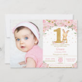 Invitation Floral mignonne lapin lapin fille 1er anniversaire (Devant)