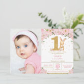 Invitation Floral mignonne lapin lapin fille 1er anniversaire (Debout devant)